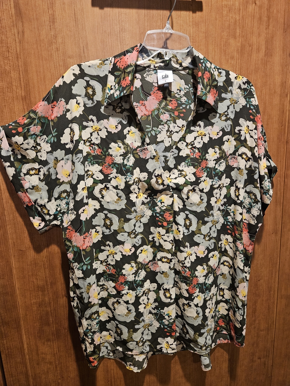 CAbi Olive Floral Short Sleeve With Coral & White Blooms.